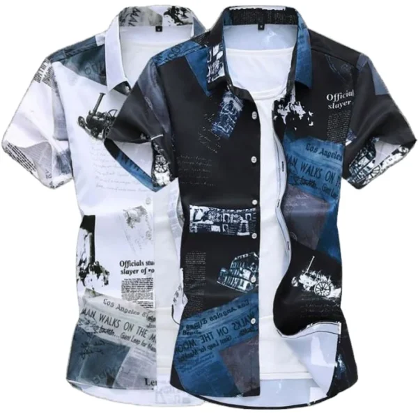 Men's Casual Summer Slim Fit Short Sleeve Shirts Breathable Digital Printing Turn Collar Single Breasted Closure