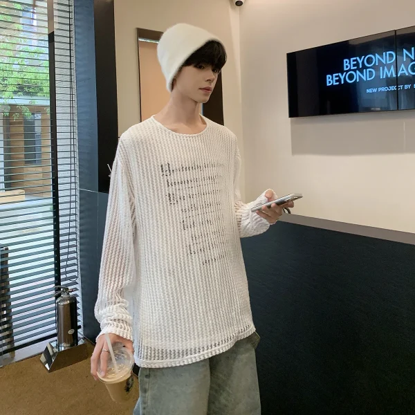 Men's Loose-Fit Casual Long-Sleeved Sun Protection T-Shirt Breathable Knitted Mesh Hole T-Shirt for Summer - Image 2