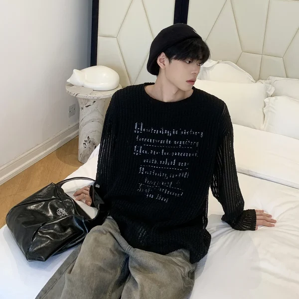 Men's Loose-Fit Casual Long-Sleeved Sun Protection T-Shirt Breathable Knitted Mesh Hole T-Shirt for Summer