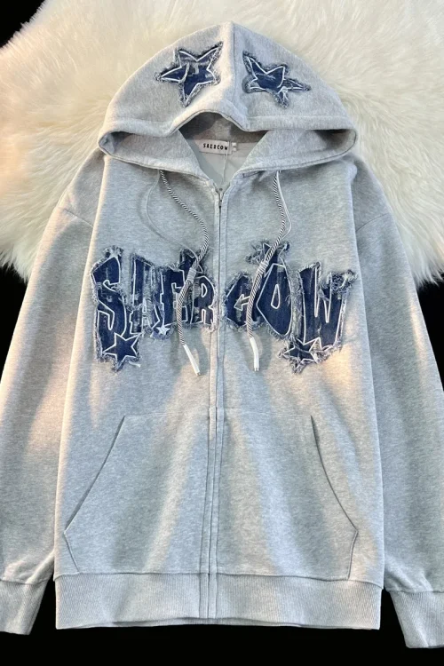 American Retro Trendy Letter Star Cardigan Jacket for Men Women 100% Cotton Hoodie Oversize Zipper Sweatshirt