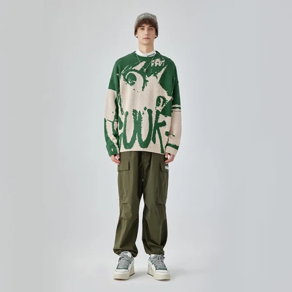Unisex Bad Student Thick Knit Oversized Sweater American European Trendy Green Cotton Crew Neck Men Women's Loose Fit for Autumn - Image 3
