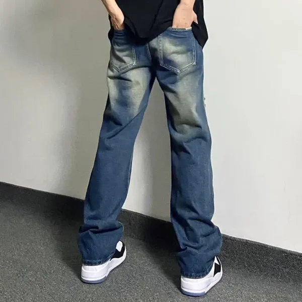 Unisex Heavy-Duty Distressed Washed Denim Jeans High Street Straight Pants Trendy Casual Style for Autumn 100% Cotton - Image 2