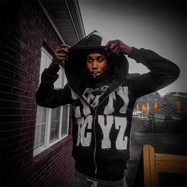 Unisex Acid Wash Zip-Up Hoodie with Rhinestone Embroidered Patch Casual Style for Men in Autumn Season - Image 2