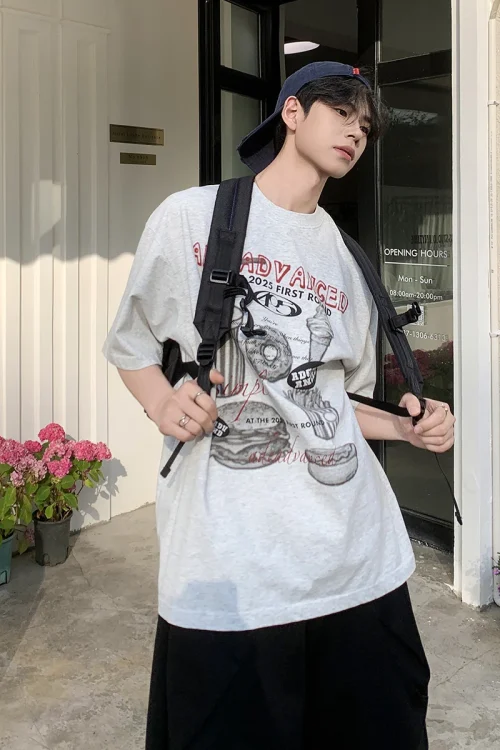 2025 Summer Casual Men’s Short Sleeve T-Shirt Loose Printed New Neck Base Shirt 100% Cotton Oversized T-Shirt for Men