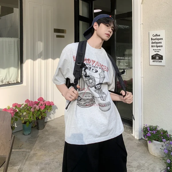 2025 Summer Casual Men's Short Sleeve T-Shirt Loose Printed New Neck Base Shirt 100% Cotton Oversized T-Shirt for Men