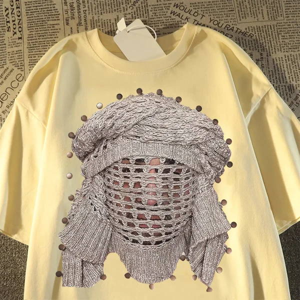 American Street Style Trendy 100% Cotton Summer High Street Oversize Top Solid Rivet Masked Short-Half-Sleeved T-Shirts - Image 3
