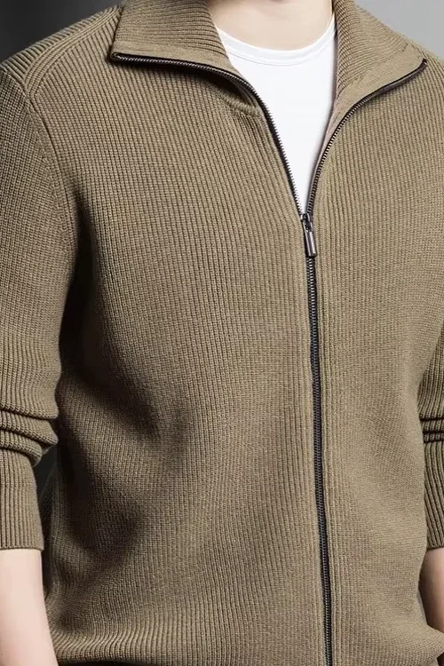 Autumn Winter Men’s Mid-High-End British Casual Knitted Cardigan Jacket Turn-Down Collar Full Zipper Pattern Medium Thick