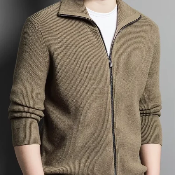 Autumn Winter Men's Mid-High-End British Casual Knitted Cardigan Jacket Turn-Down Collar Full Zipper Pattern Medium Thick
