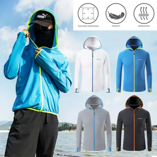 Men's Outdoor Long Sleeve Fishing Hoodie Shirts UV/UPF 50+ Sun Protection with Contrast Zip Hooded Collar - Image 2