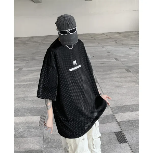 American High Street Trendy Men's Summer Ice Silk Short-Sleeved T-Shirt Oversize Mid-Sleeve Hiphop Top Solid 220 Grams - Image 4