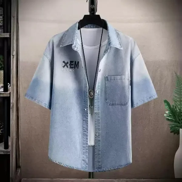 Design Vintage Oversize Jeans Shirt High Quality Washed Denim for Men Plus Size Printed Shirts - Image 4
