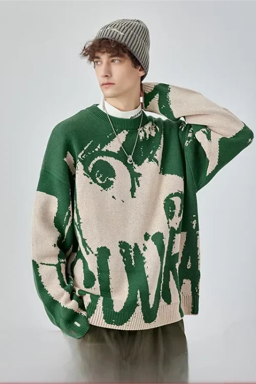 Unisex Bad Student Thick Knit Oversized Sweater American European Trendy Green Cotton Crew Neck Men Women’s Loose Fit for Autumn