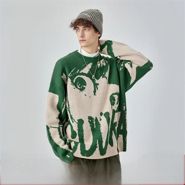 Unisex Bad Student Thick Knit Oversized Sweater American European Trendy Green Cotton Crew Neck Men Women's Loose Fit for Autumn