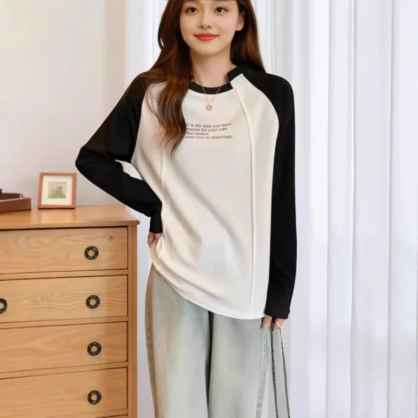 Women's Casual Spring Autumn  T-Shirt 100% Cotton Loose Fit Long Sleeve Irregular Collar Color Block Tee Shirts for Women - Image 5