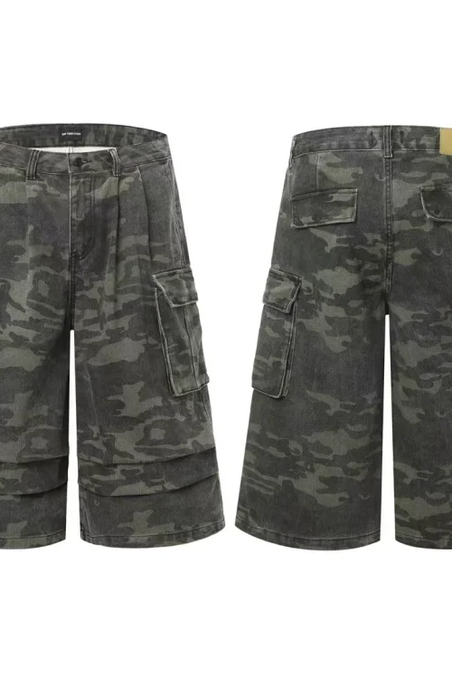 American European Vintage Camouflage  Shorts Cargo Pockets Summer Zipper Fly Design Casual  Shorts for Men