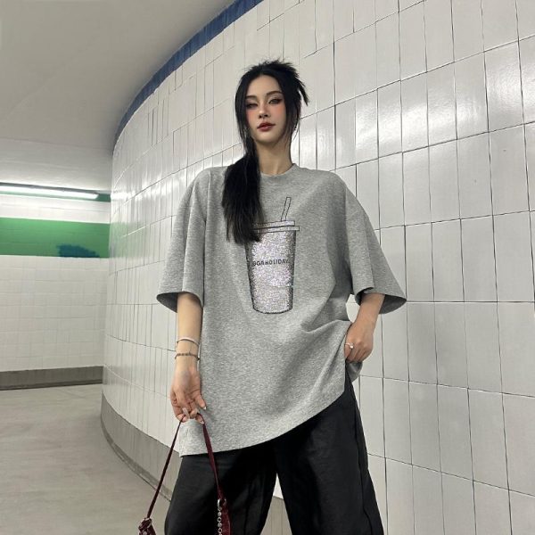 European-Style Summer Cotton T-Shirt for Women Plus-Size  Casual Loose Fit Top with Regular Shoulder Short-Sleeve Printed Top - Image 3