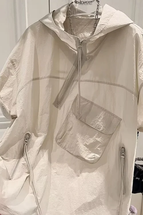Stylish Men’s Summer Half-Zip Hooded Cargo Short Sleeve T-Shirt High Street Trend Plus Size Thin Loose Fit Front