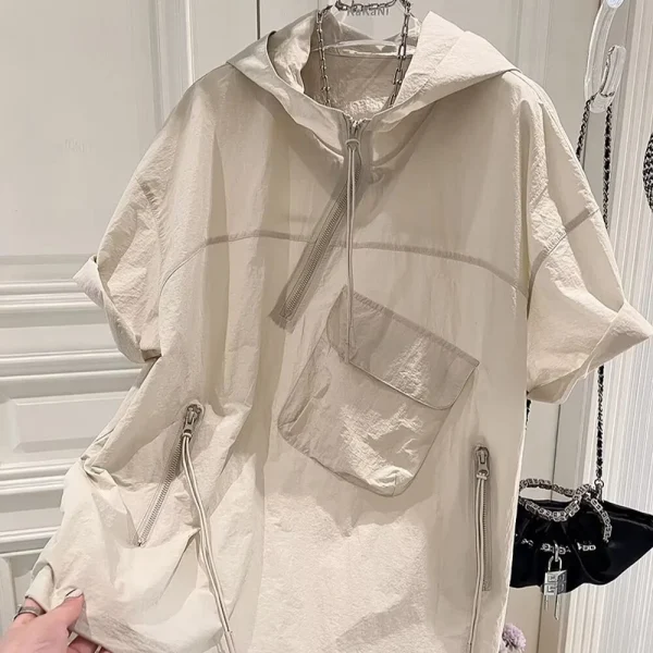 Stylish Men's Summer Half-Zip Hooded Cargo Short Sleeve T-Shirt High Street Trend Plus Size Thin Loose Fit Front