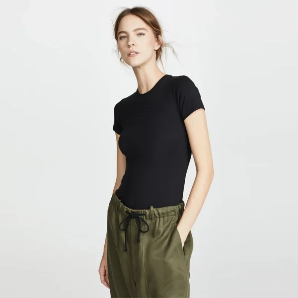 2025 Summer New  European American Casual Top for Women Versatile Mercerized Cotton Short Sleeve T-Shirt with Base Neck