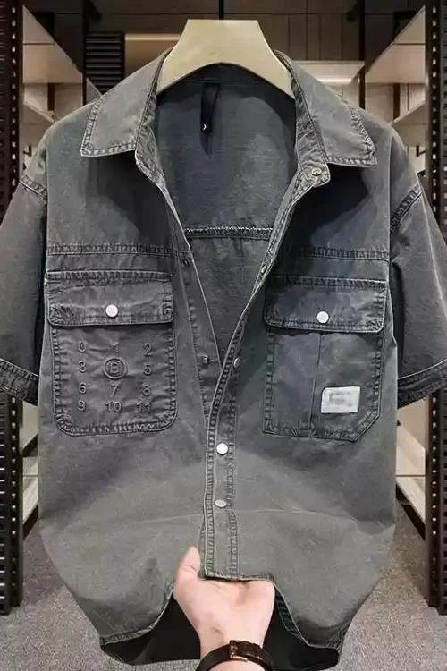 Design Vintage Oversize Men’s Denim Shirts High Quality Washed Denim with Patched Pockets Plus Size Vintage Jeans Shirts