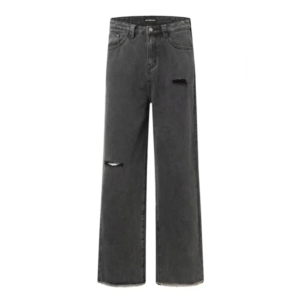 American Vintage Men's Slim Fit Elastic Denim Pants Mid Waist Button Decorated Washed Distressed Hole Jeans for Summer Straight - Image 2