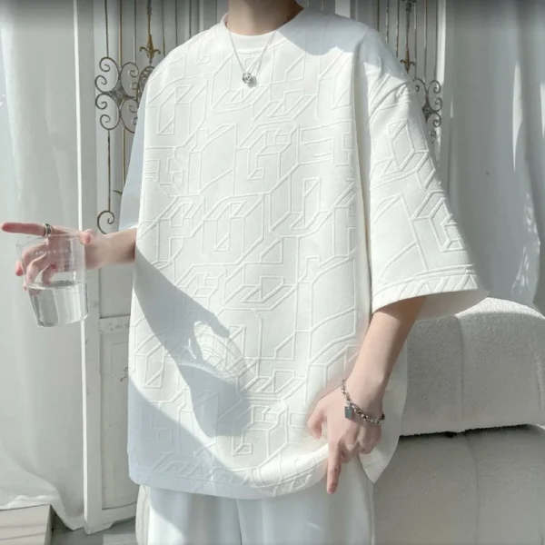 High Jacquard T-Shirt for Men American Style Summer Trendy Fashion Short Sleeve Textured Half Sleeve Loose Fit 240 Gram - Image 3