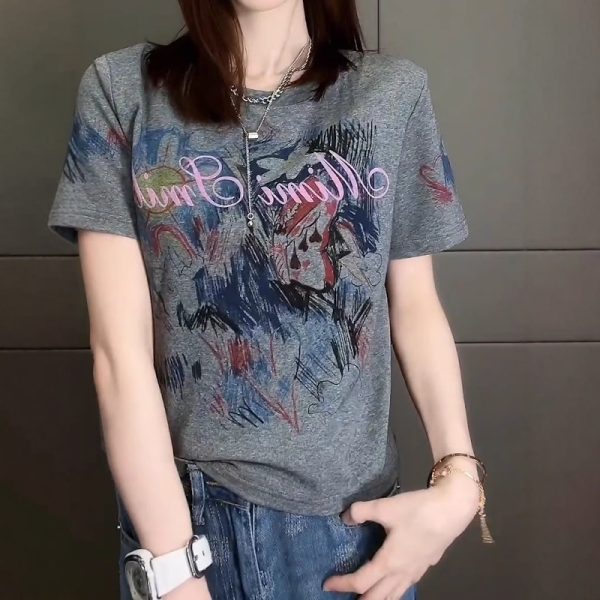 European-Style Summer Women's Cotton T-Shirt Plus-Size Flattering Casual Top Pattern Regular Shoulder Short-Sleeve Printed Top - Image 5