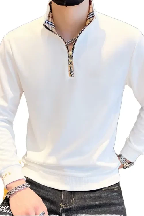 Men’s Casual Printed Long Sleeve for Polo T-Shirt Breathable Floral Embroidered Knitted Clothing with Zipper Design