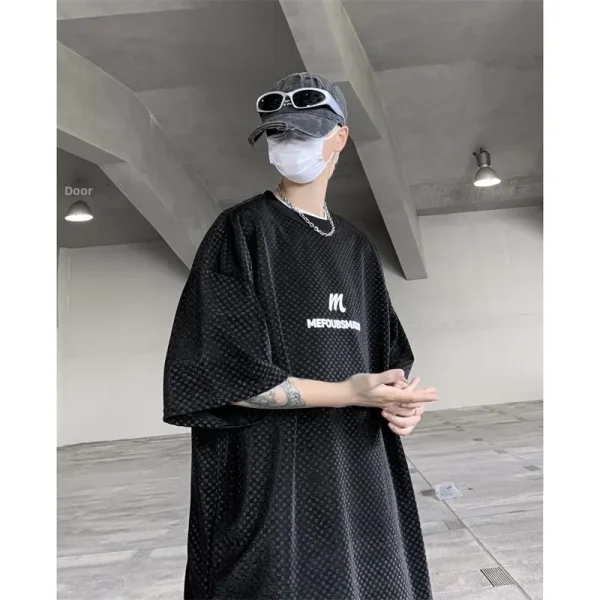American High Street Trendy Men's Summer Ice Silk Short-Sleeved T-Shirt Oversize Mid-Sleeve Hiphop Top Solid 220 Grams - Image 2
