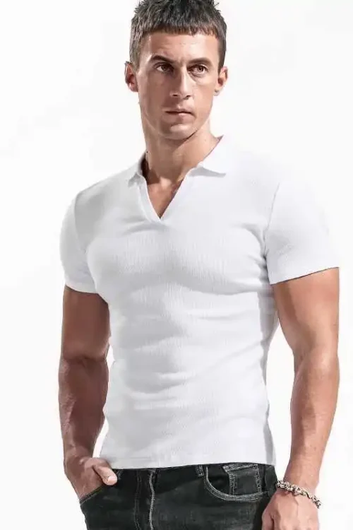 American Style Men’s for Polo Shirt Short Sleeve Slim Fit V-Neck Stretch Solid Color T-Shirt with Turn-Down Collar Knitted