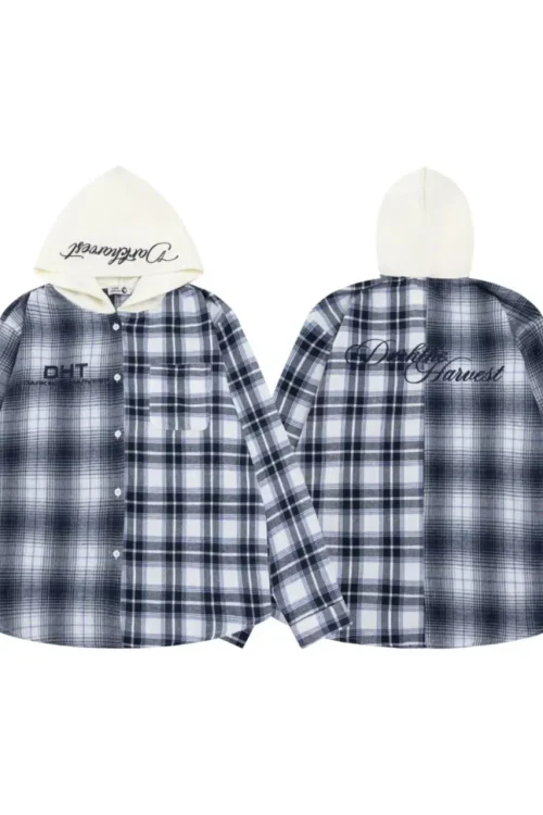Men’s Hoodie High Quality Plaid Shirt Pullover Sweat Wear Contrast Color Hoodies Shirt for Men