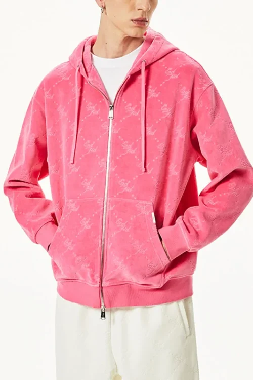 Unisex Acid Wash Hoodie with Rhinestone 1 to 1 Print Zip up Hooded Collar Knitted Material