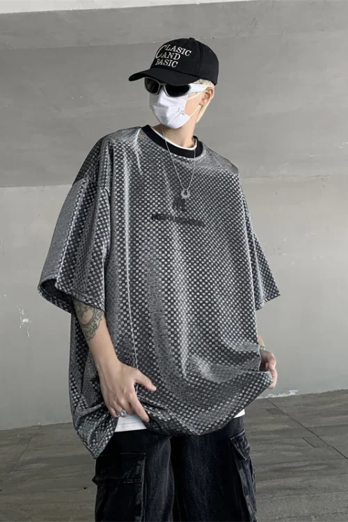 American High Street Trendy Men’s Summer Ice Silk Short-Sleeved T-Shirt Oversize Mid-Sleeve Hiphop Top Solid 220 Grams