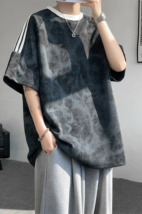 American Retro Trendy Summer Half-Sleeved Top for Men 220 Grams Solid Hand-Tied Dye High Street Style 100% Cotton Short-Sleeved