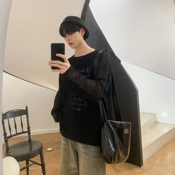 Men's Loose-Fit Casual Long-Sleeved Sun Protection T-Shirt Breathable Knitted Mesh Hole T-Shirt for Summer - Image 3