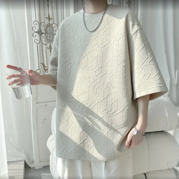 High Jacquard T-Shirt for Men American Style Summer Trendy Fashion Short Sleeve Textured Half Sleeve Loose Fit 240 Gram