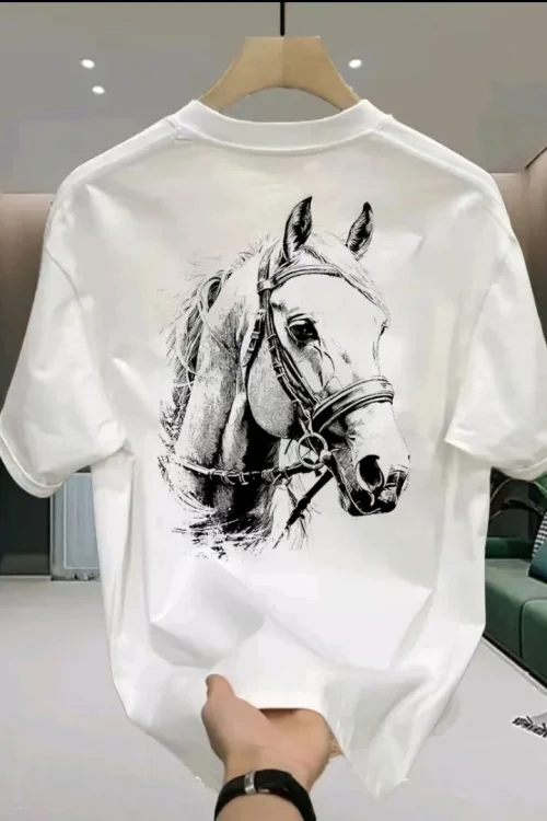 American Style Horse Print T-Shirt Short Sleeve Youth Loose Fit Unisex Casual Sublimation 100% Cotton T-Shirts