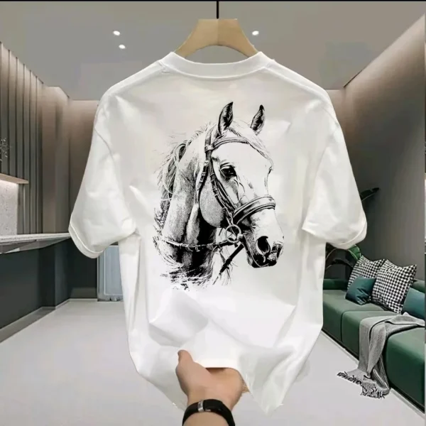 American Style Horse Print T-Shirt Short Sleeve Youth Loose Fit Unisex Casual Sublimation 100% Cotton T-Shirts