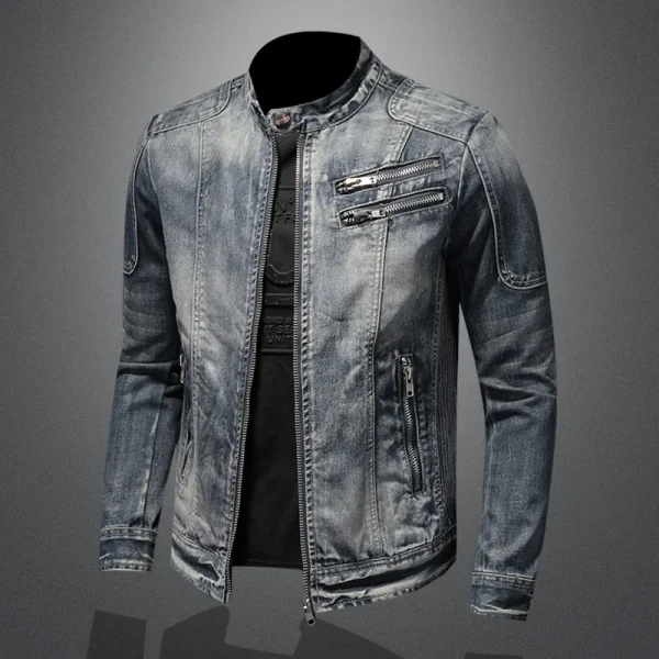 Men's Retro American Slim Stand Collar Denim Jacket with Zipper Casual Work Cycling Motorcycle Riding Featuring Jeans Jacket - Image 2