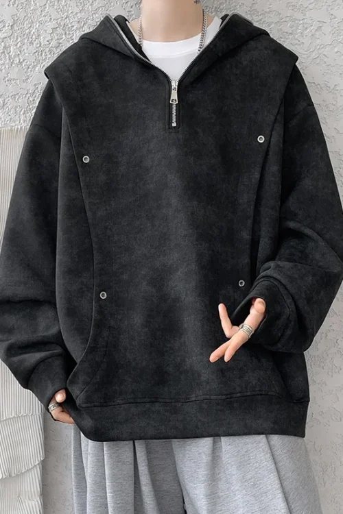 2025 New American Style Trendy Men’s Half-Zip Hoodie Spring Autumn Casual Loose Tie-Dye Knitted Polyester/Cotton Solid Hooded