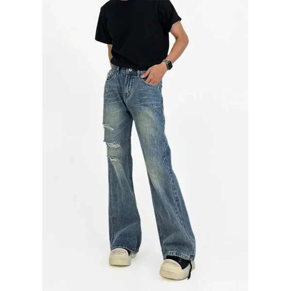 Men's Casual Jeans Pants Top Handmade American Retro Distressed Flared Jeans Loose Straight Versatile for Autumn Denim