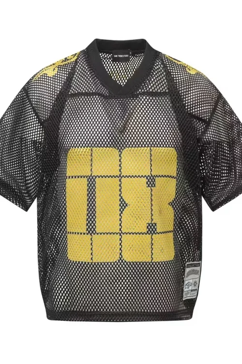 American Trendy Style Men’s T-Shirt 100% Polyester Short Sleeve V Neck Mesh Hole Ice Feel Printed Loose Casual Sports Design