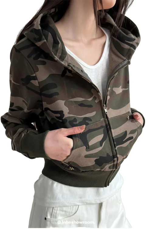 Women’s  Camouflage Sweatshirt Jacket Regular Shoulder Hooded Top Winter Petite Hoodie