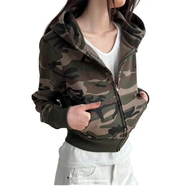 Women's  Camouflage Sweatshirt Jacket Regular Shoulder Hooded Top Winter Petite Hoodie