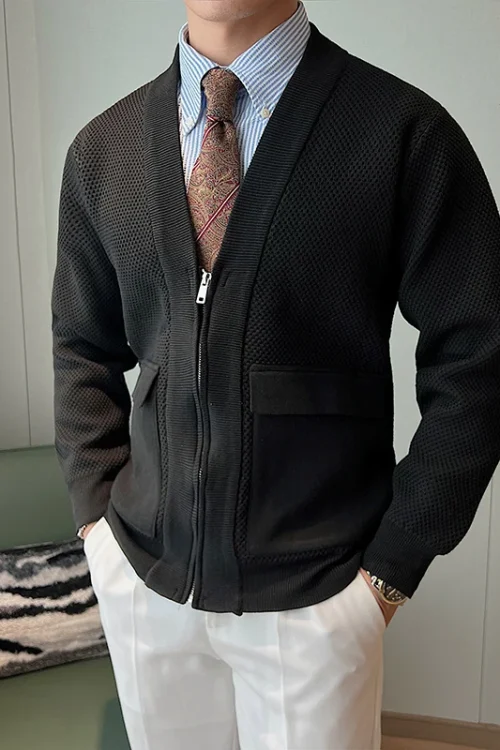Light Luxury Men’s V-Neck Cardigan Jacket Casual Oversized Sweater for Autumn Season