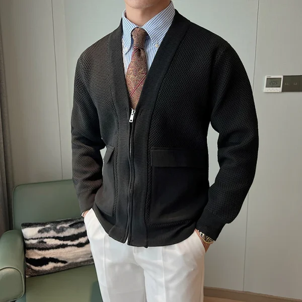 Light Luxury Men's V-Neck Cardigan Jacket Casual Oversized Sweater for Autumn Season