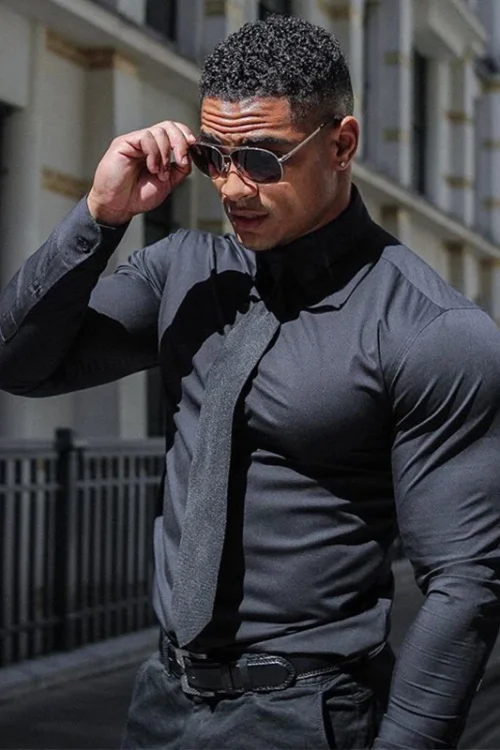 Men’s Casual Sports Long-Sleeved Fitness Inner Wear High-Elastic British Trendy Shirt No-Iron Slim Fit Plain Dyed