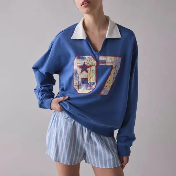 Women's Letter Printed Long Sleeve Polo Shirt High Street Style  Loose Fit High Quality T-Shirt with Patch Embroidery  for Women