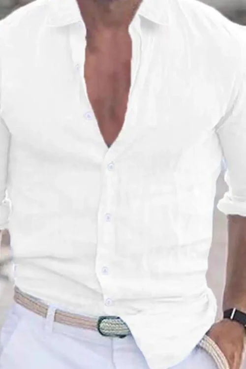 European American High-End Men’s Slim-Fitting Linen Long-Sleeved Work Shirts Breathable White Cardigans for Sun Protection