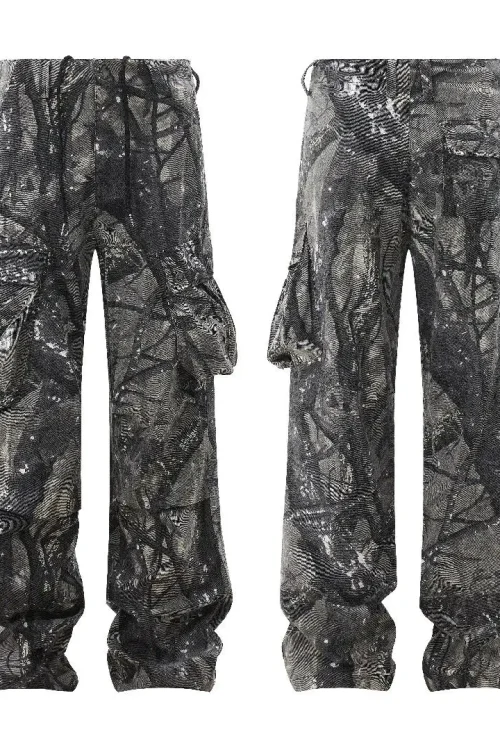American Vintage Men’s Slim Fit Button-Cargon Pants Mid Waist Washed Denim with Tree Print Breathable Baggy Pants for Summer